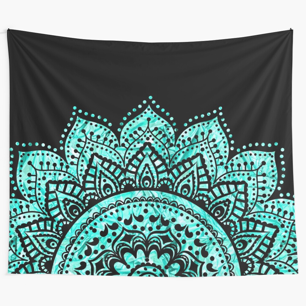 Teal and black mandala tapestry for meditation and zen home decor