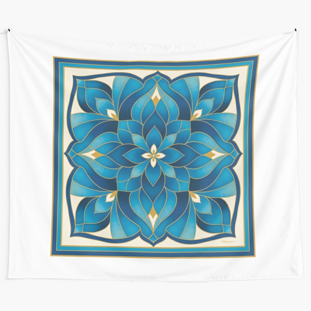 Blue and gold floral mandala tapestry artwork