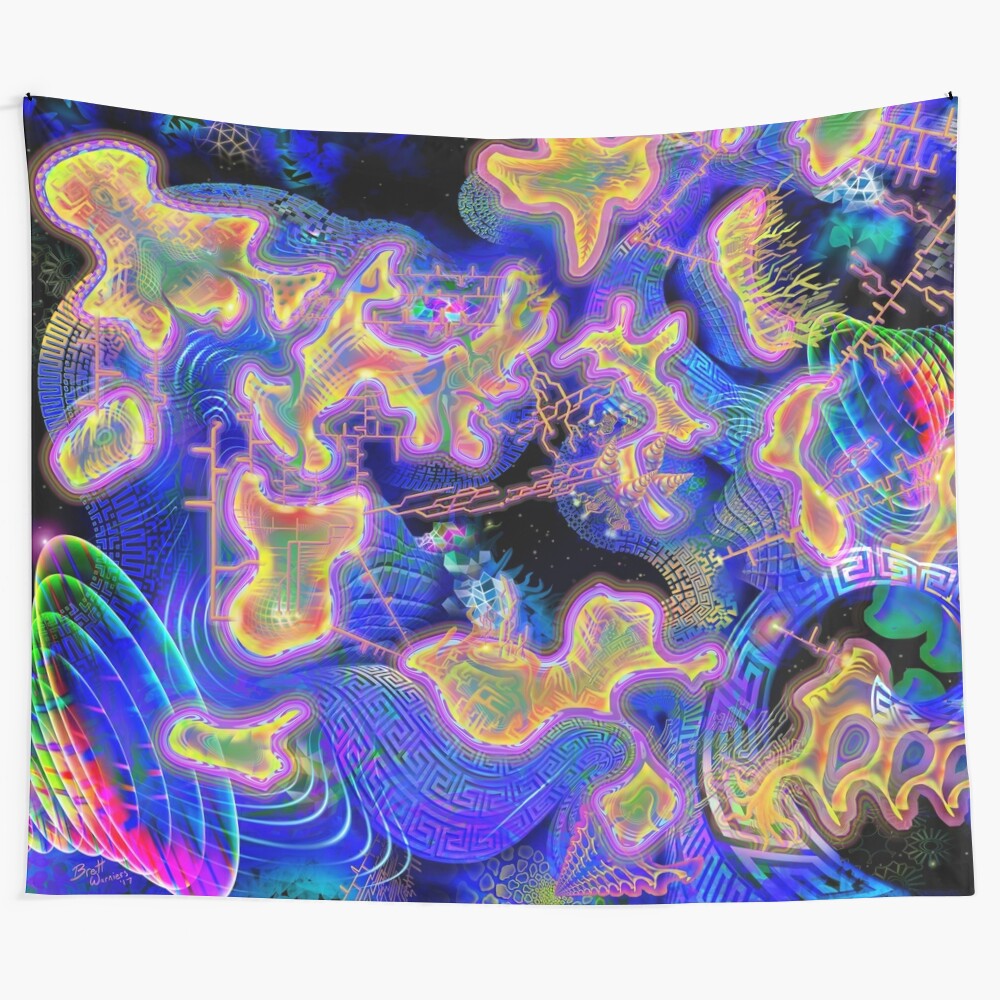 Biomorphic tapestry featuring mesmerizing psychedelic and visionary art patterns