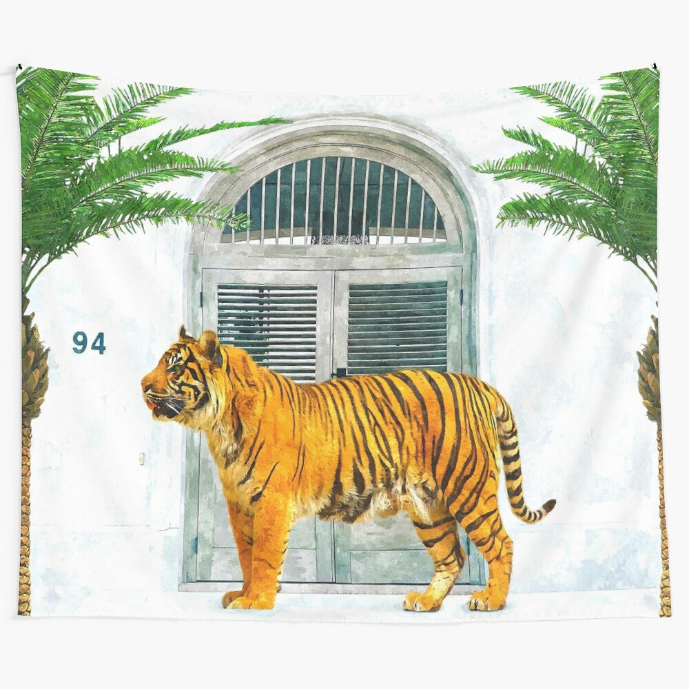 Vibrant tropical wildlife painting tapestry featuring animals and nature