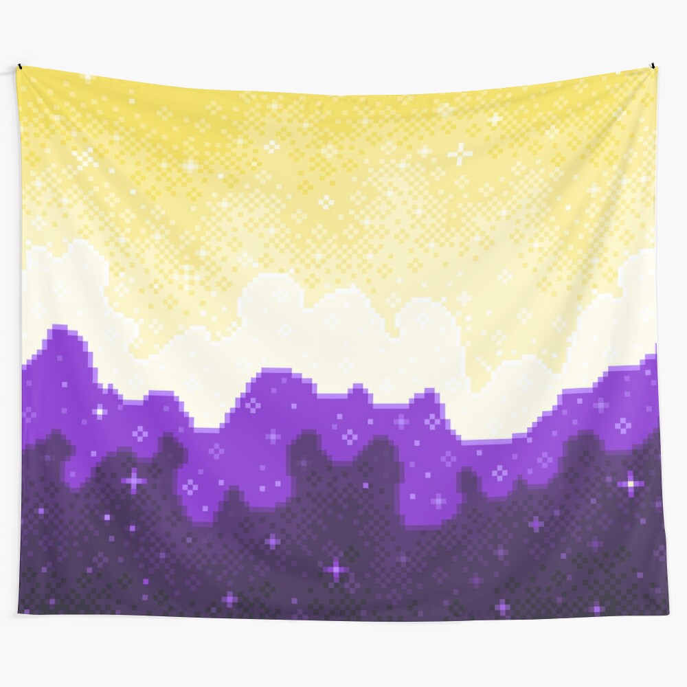 Nonbinary pride flag galaxy tapestry with stars, nebulas, and cosmic elements