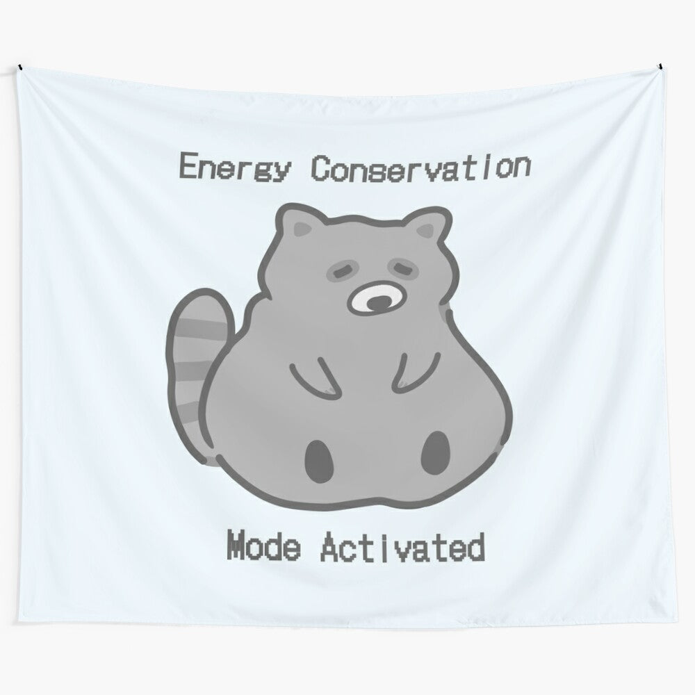 Cartoon raccoon in an "energy conservation mode activated" pose against a nature background