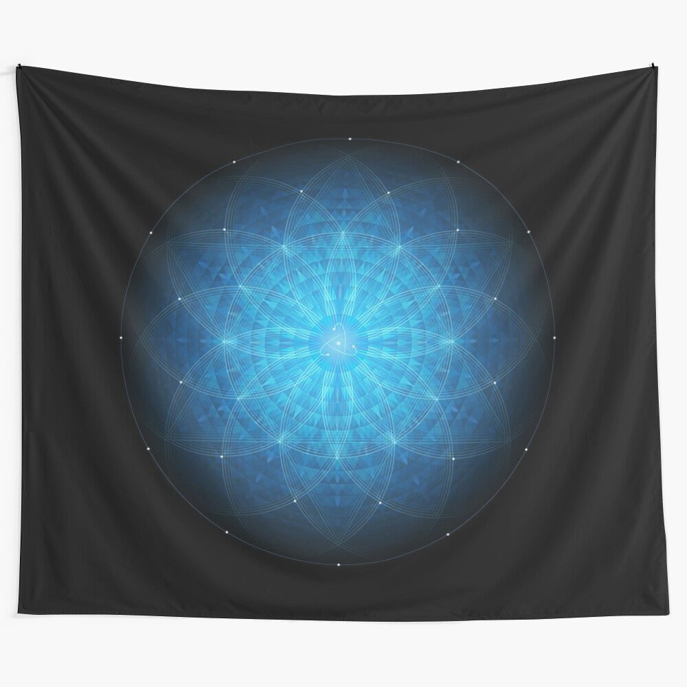 Enigmatic deep blue mandala tapestry with sacred geometry and visionary art