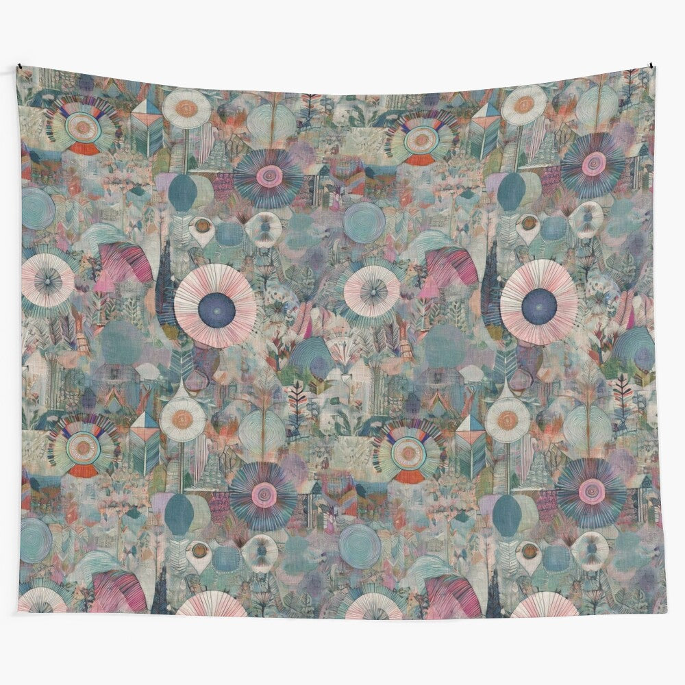 Retro hippie-inspired tapestry with vibrant floral and psychedelic patterns