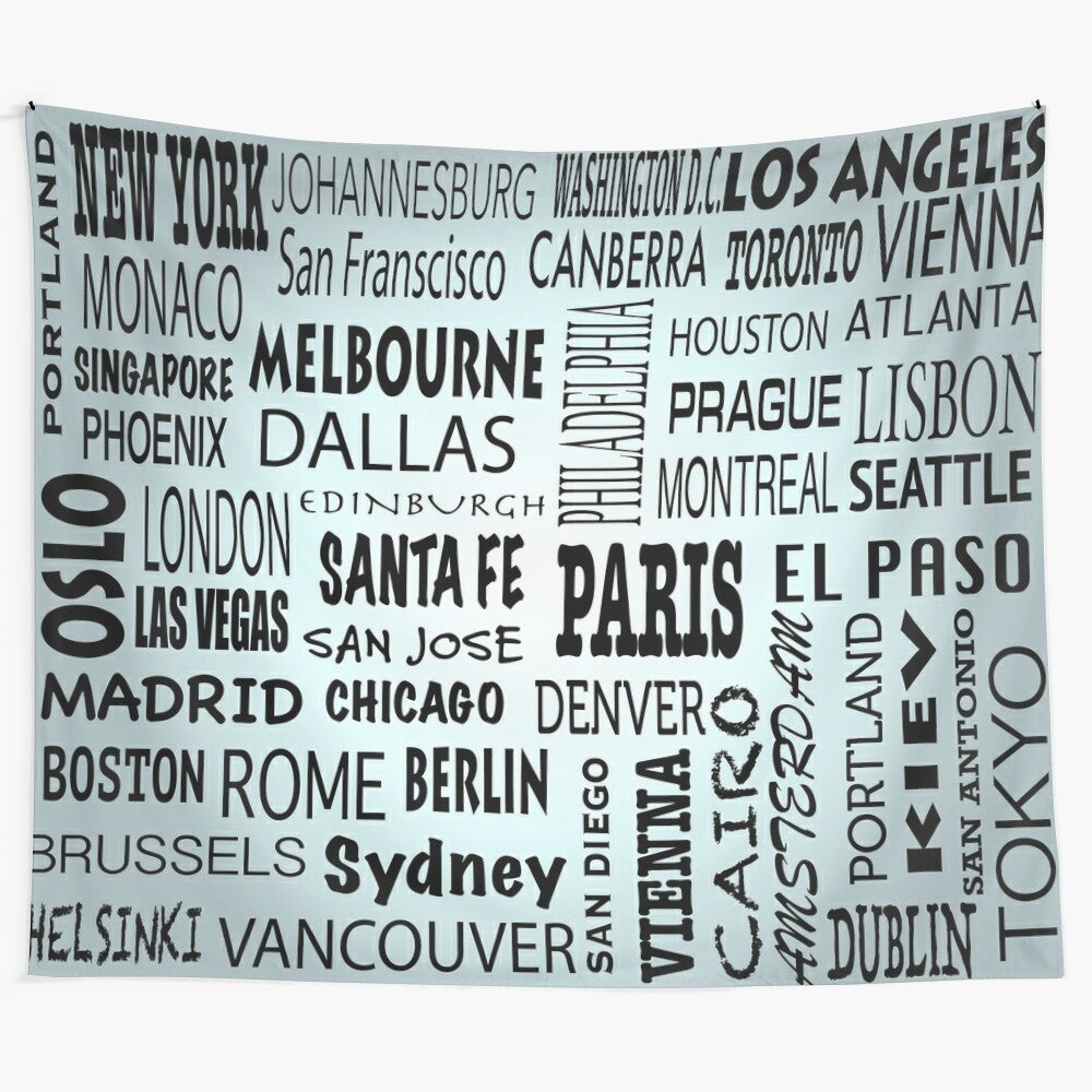 Blue tapestry with typography featuring names and places of cities and states