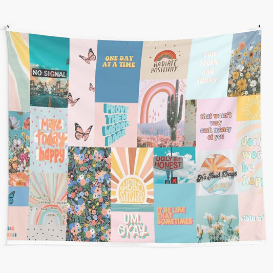 Pastel aesthetic collage tapestry with floral and geometric patterns