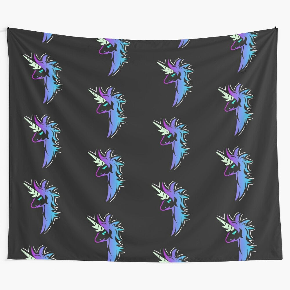 Metallic unicorn wall tapestry with a vibrant rainbow design