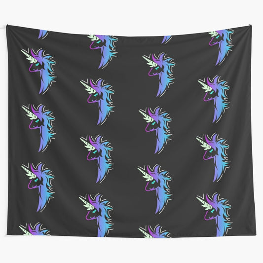 Metallic unicorn wall tapestry with a vibrant rainbow design