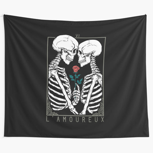 The Lovers Tapestry – Gothic-inspired wall art featuring a couple, skull, and tarot symbolism