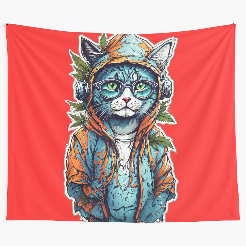 Colorful tapestry depicting a hippie-styled cat in an urban setting