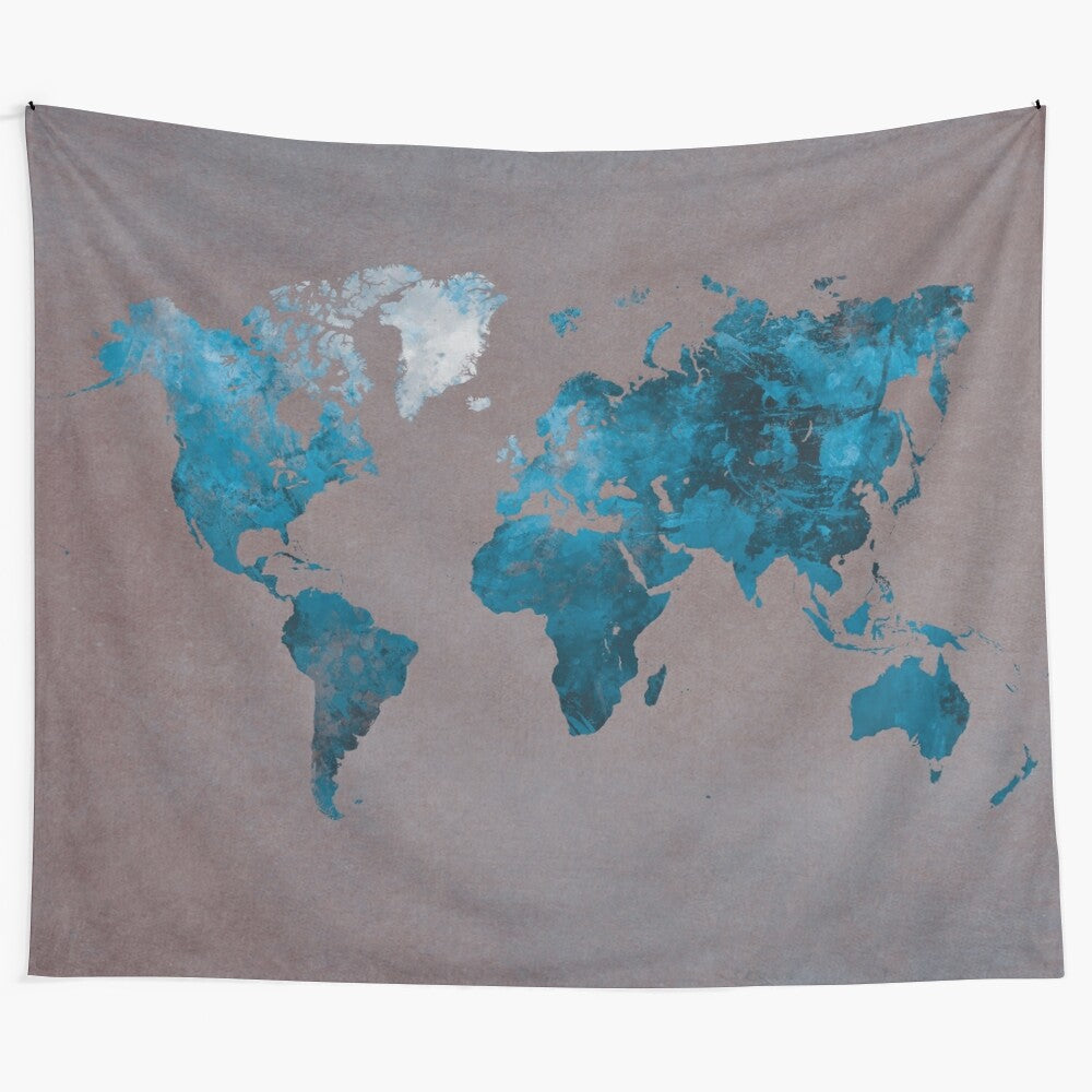 Colorful world map tapestry showcasing the continents and countries