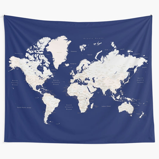 Detailed navy blue and light brown world map tapestry "Gavin"