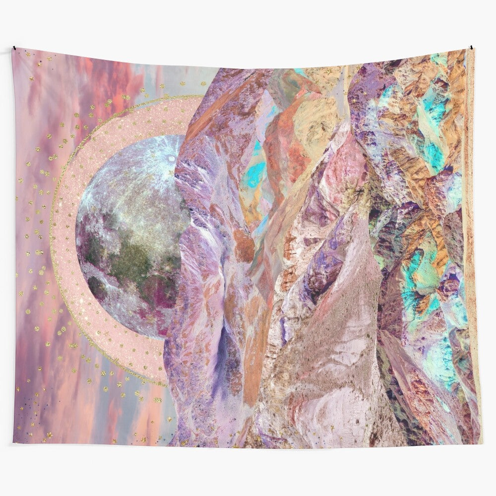 Glitter moon tapestry featuring a dreamy, shimmering galaxy landscape