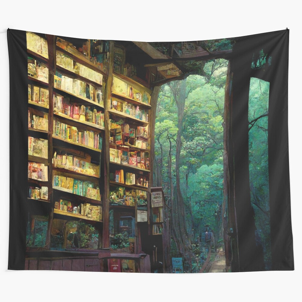 Whimsical tapestry depicting a cozy, mystical bookstore nestled in a fantasy forest