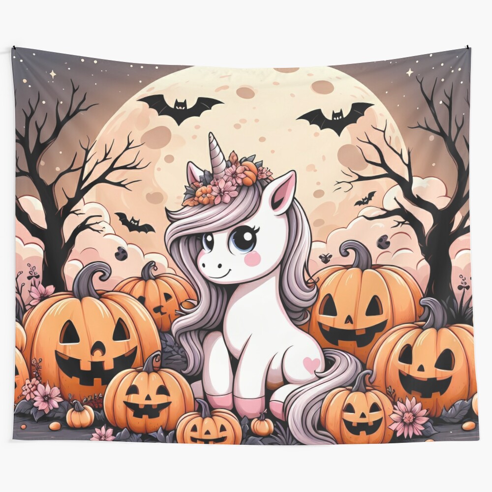 Adorable unicorn in a pumpkin patch with a full moon, bats, and spooky elements