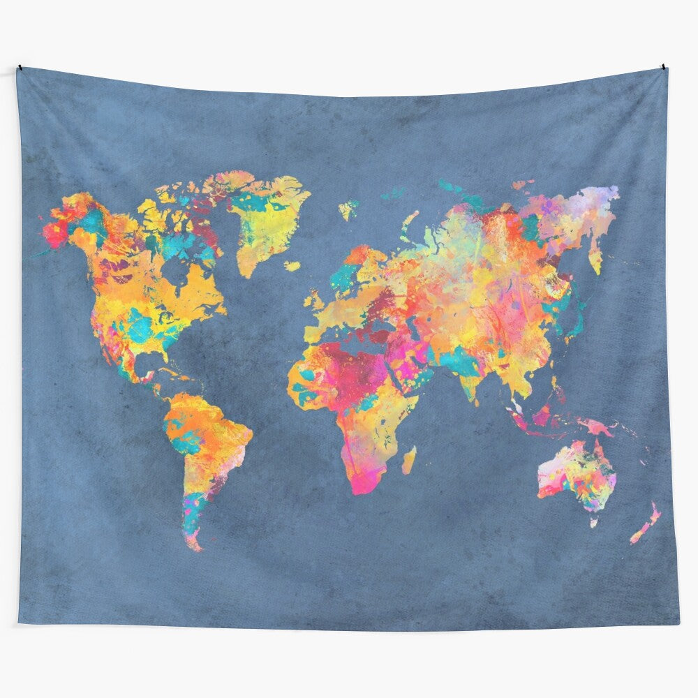 Stylized blue watercolor and typography world map tapestry