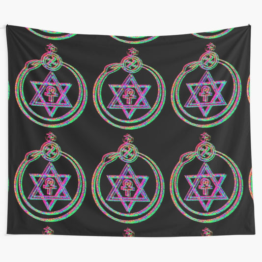 Theosophical society emblem tapestry with psychedelic, trippy design