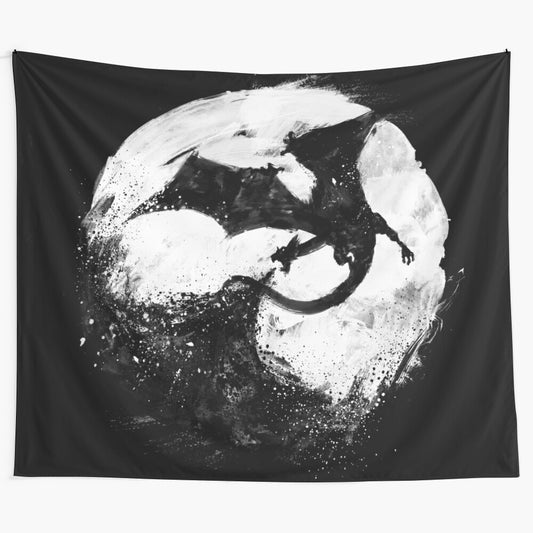 Midnight Desolation Fantasy Tapestry featuring a dragon, moon, and splashes of fire