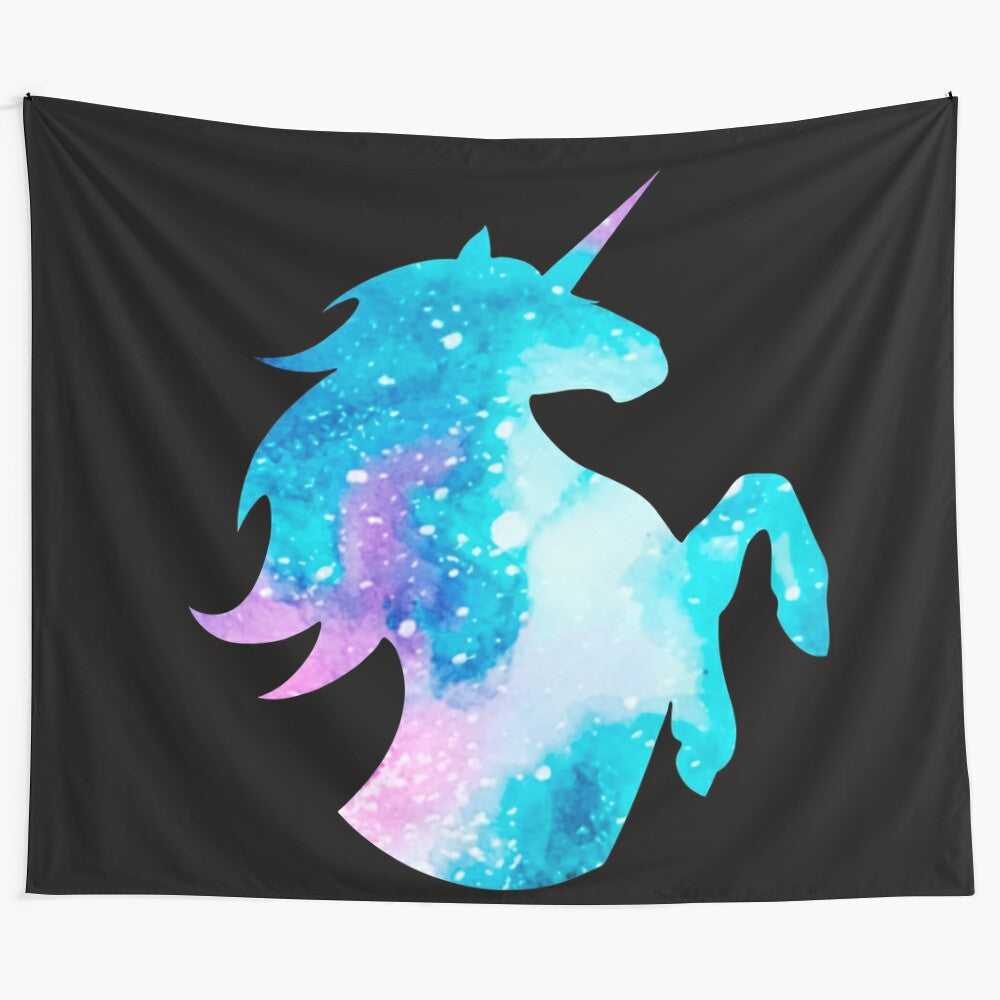 Rearing galaxy unicorn silhouette tapestry