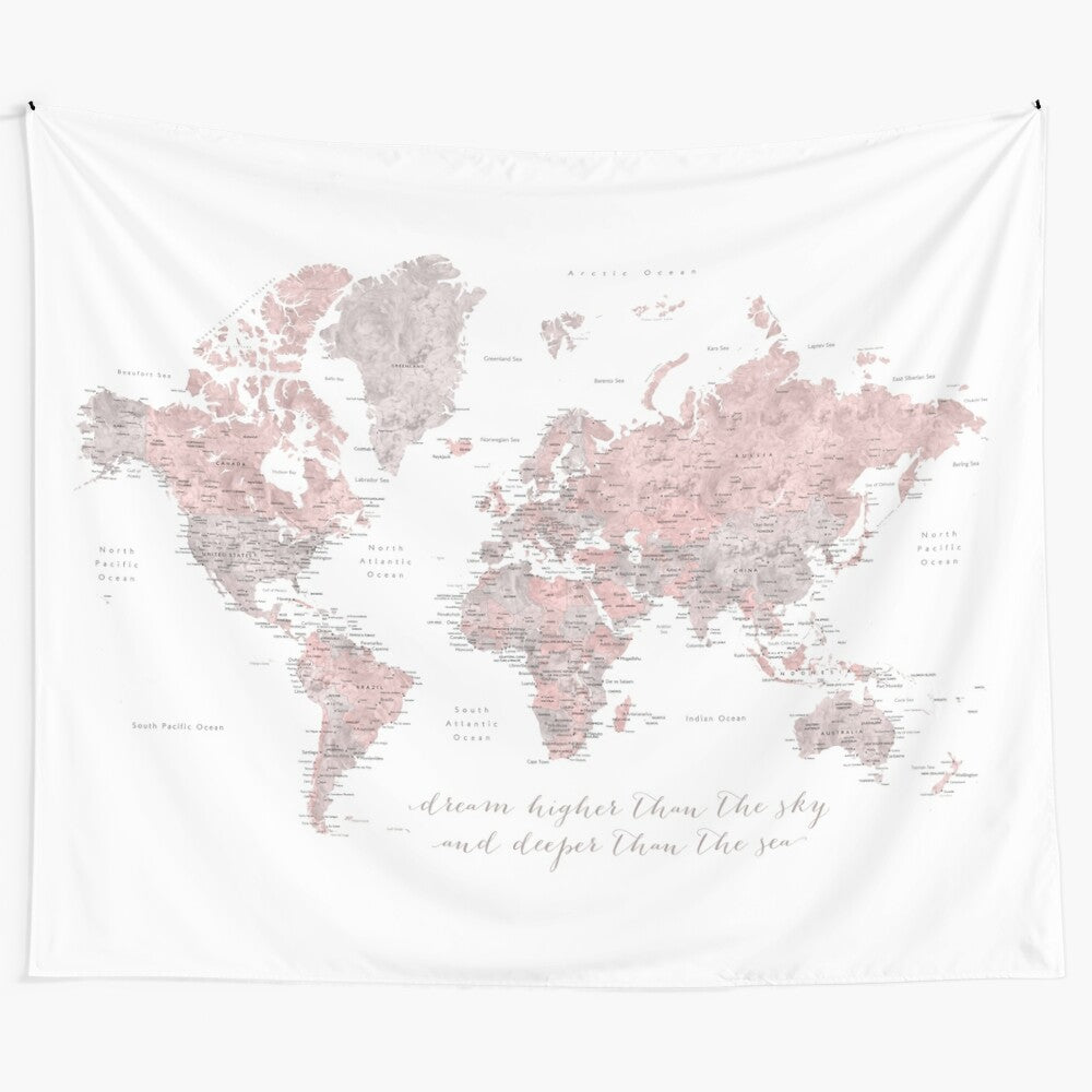 Watercolor world map tapestry with inspirational quote and bohemian design