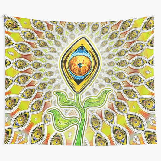 Psychedelic surreal tapestry with abstract eye design