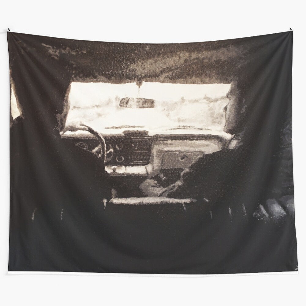 Supernatural-inspired black and white tapestry featuring the iconic 67 Chevy Impala backseat