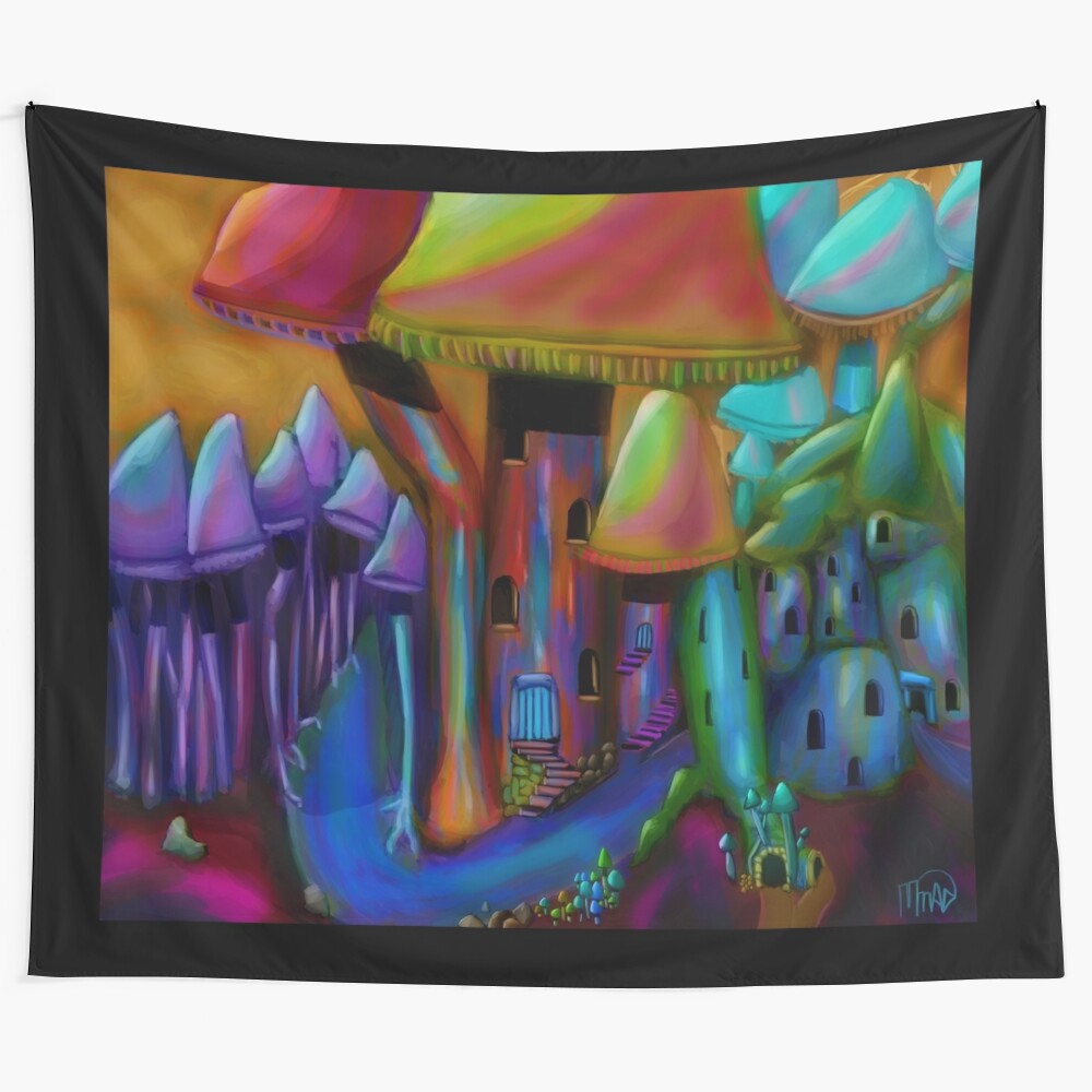 Colorful neon mushroom forest tapestry design