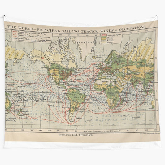 Vintage-style world sailing routes map tapestry