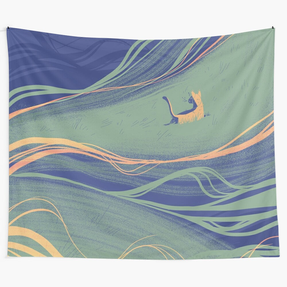 Tall grass tapestry with swirling patterns in green, blue, and orange tones