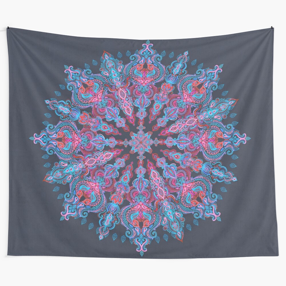 Colorful bohemian mandala tapestry with pink, purple, turquoise, and blue tones for meditation and zen-inspired home decor