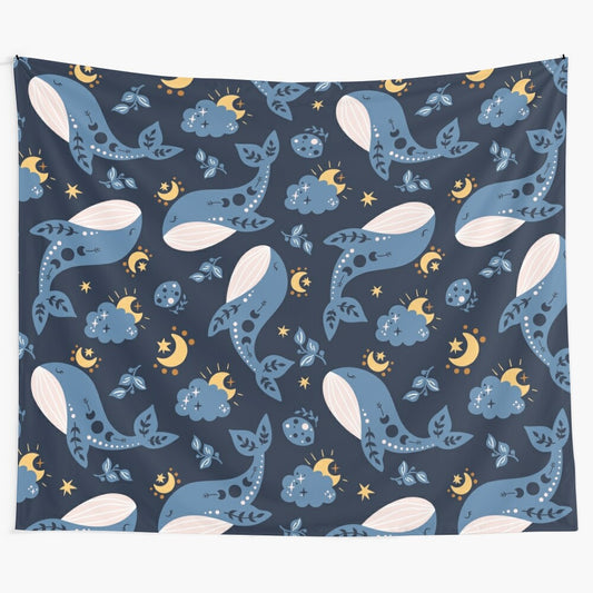 Vibrant whale tapestry with a serene ocean scene and crescent moon