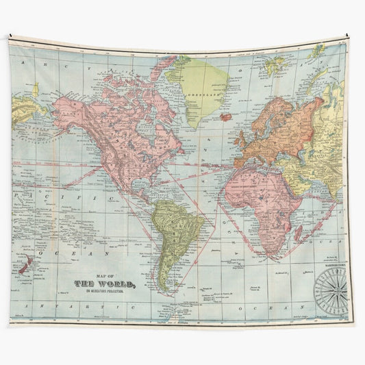 Vintage world map tapestry with historical cartography design