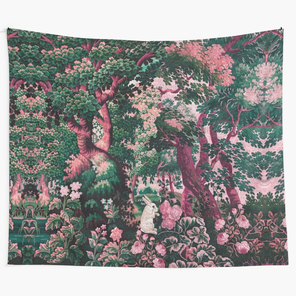 Beautiful tapestry depicting a white rabbit among flowers, trees, and greenery in a woodland landscape