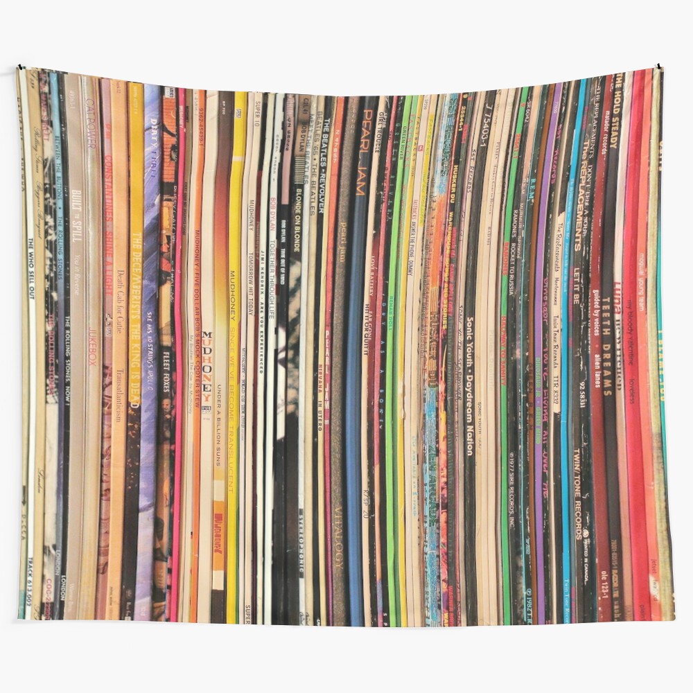 Tapestry featuring a collage of vintage vinyl records, turntable, and record collector elements