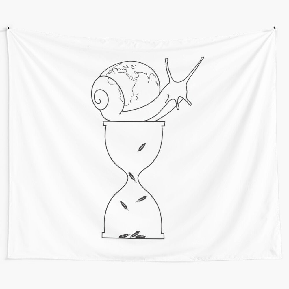 Minimalist black and white tapestry featuring a Mathilda-inspired design with a world map and other symbolic elements