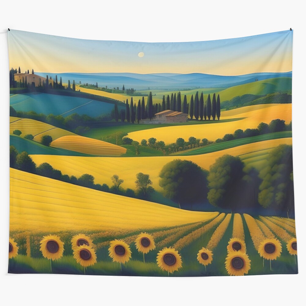 Vibrant painting of tuscan hills, sunflowers, olive trees, and villa in Italian countryside