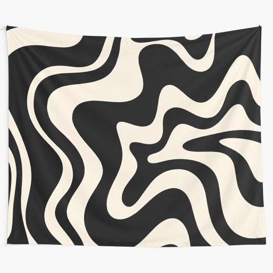 Retro abstract tapestry with a mesmerizing liquid swirl pattern in black and almond cream