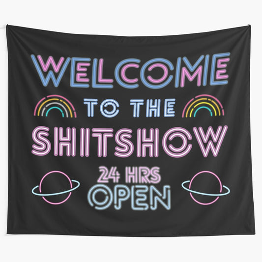 Colorful and trippy "Welcome to the Shitshow" tapestry with neon lights and blacklight effects