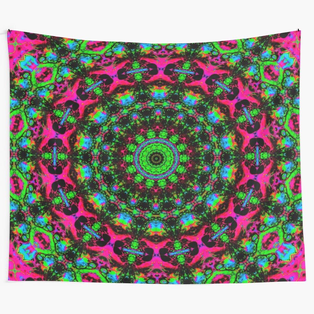 Colorful psychedelic mandala tapestry with vibrant neon hues