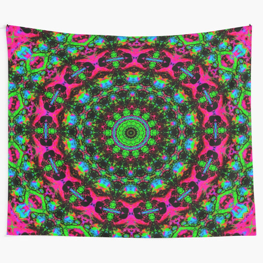 Colorful psychedelic mandala tapestry with vibrant neon hues