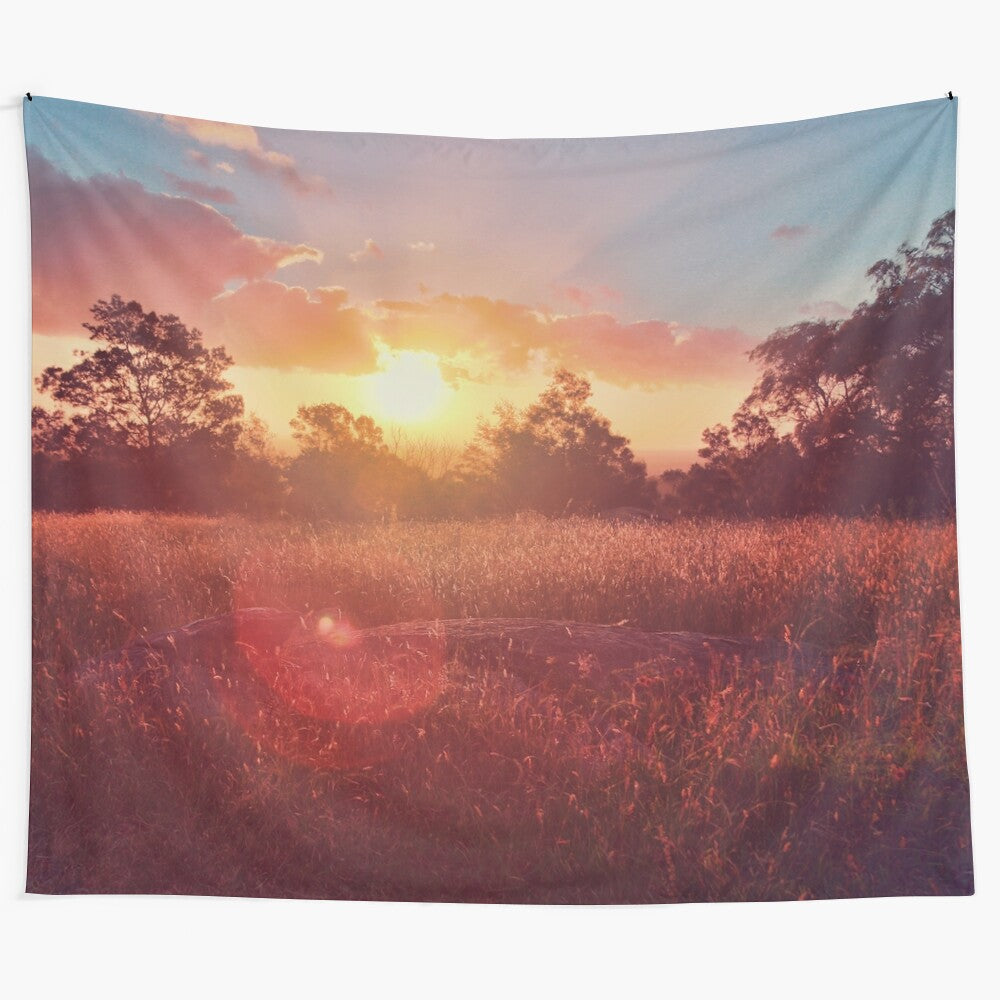 Stunning tapestry featuring a beautiful sunset landscape with warm earthy tones