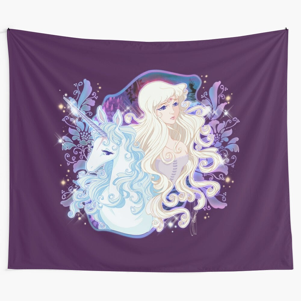 Tapestry wall art featuring a captivating unicorn from the fantasy tale "The Last Unicorn"