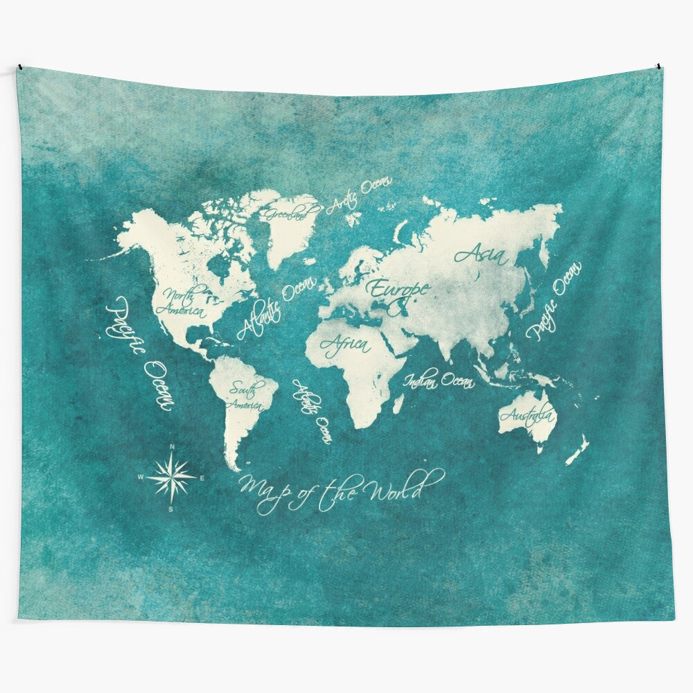 Watercolor world map tapestry featuring a vibrant sea color design