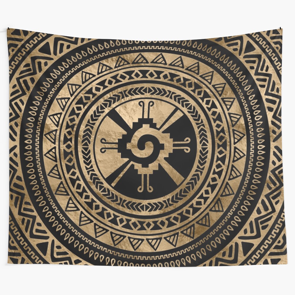 Mayan Hunab Ku symbol tapestry in black and gold colors