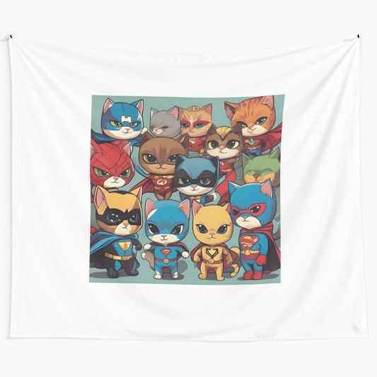 Colorful tapestry depicting cute superhero kittens