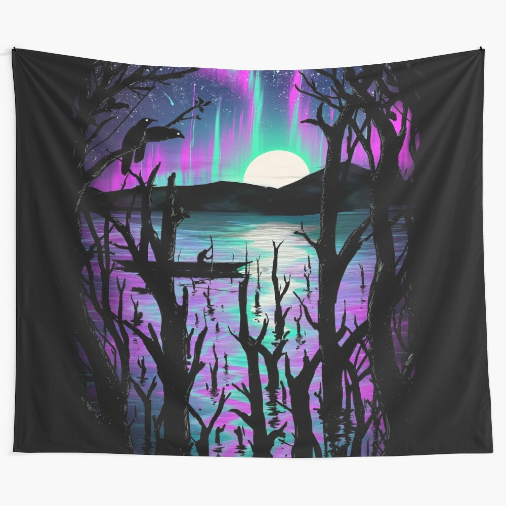 Colorful tapestry depicting the aurora borealis or northern lights in the night sky