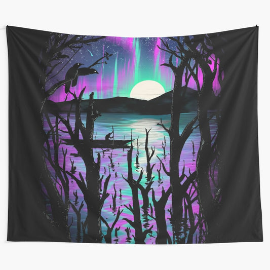 Colorful tapestry depicting the aurora borealis or northern lights in the night sky