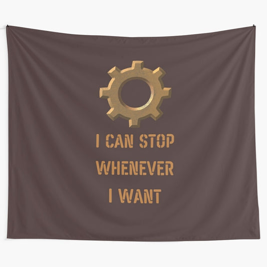 Factorio inspired tapestry featuring a humorous slogan about the game's addictive nature