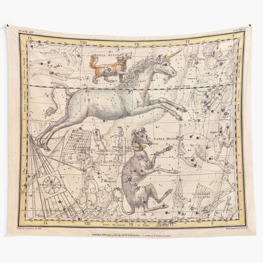 Vintage celestial map tapestry featuring Canis Major, Canis Minor, Monoceros, and Argo Navis constellations