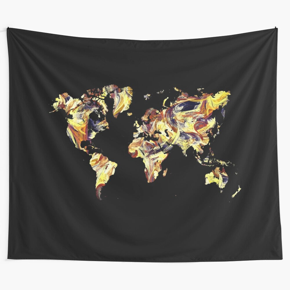 Marbled world map tapestry with abstract, minimalist design